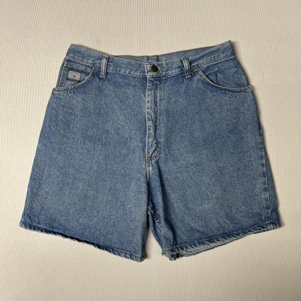Vintage Wrangler Shorts Womens 14 Blue Denim Bermuda 9 Inseam High Rise USA